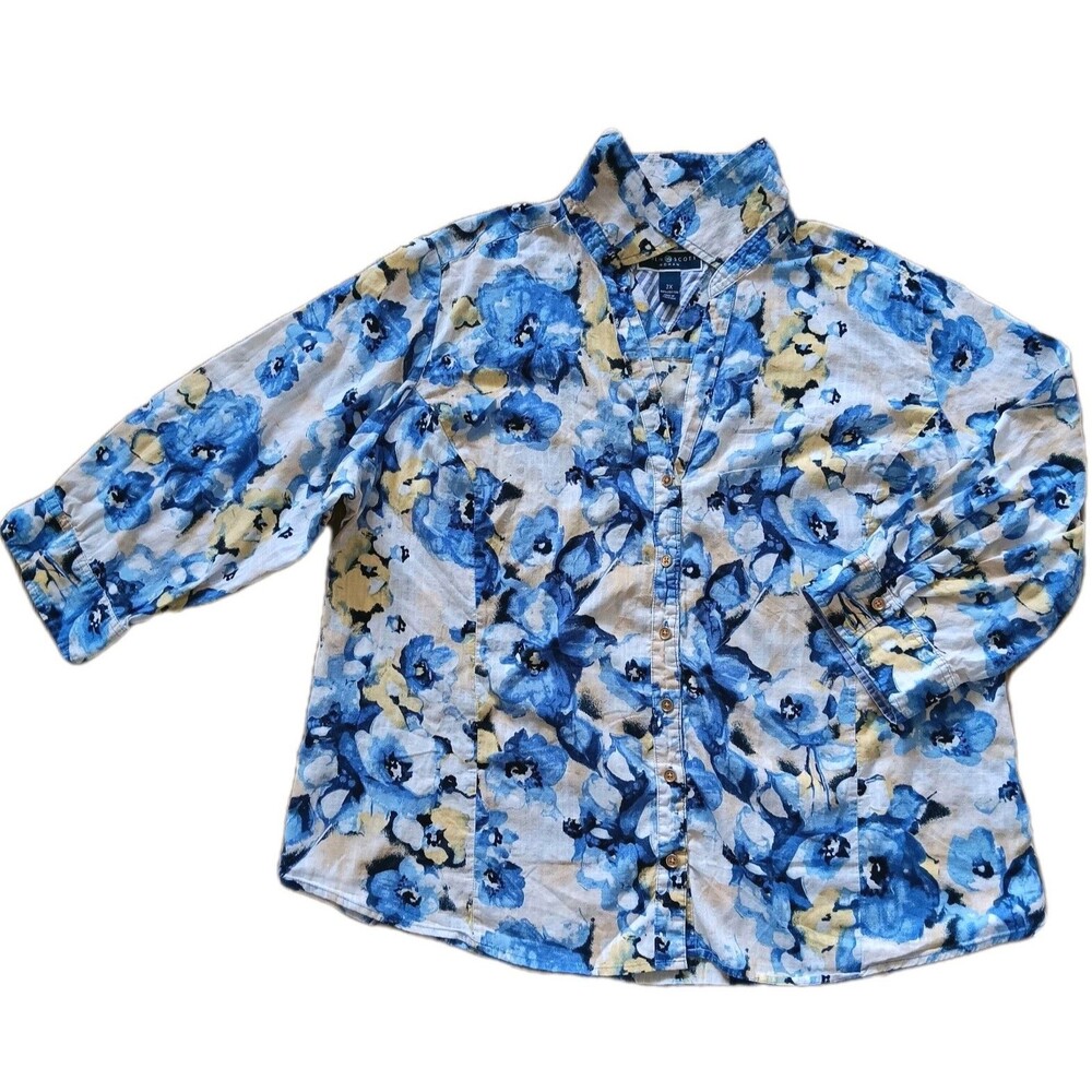 Karen Scott Top Womens 2X Blue White Floral 3/4 Sleeve pullover Cotton Cottage